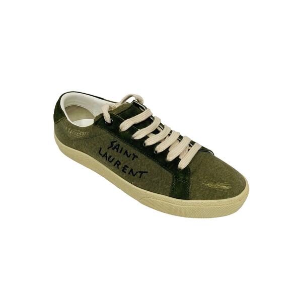 SAINT LAURENT Olive Distressed Canvas Court Logo Embroidered SL/06 Sneakers 36.5 - Picture 2 of 12